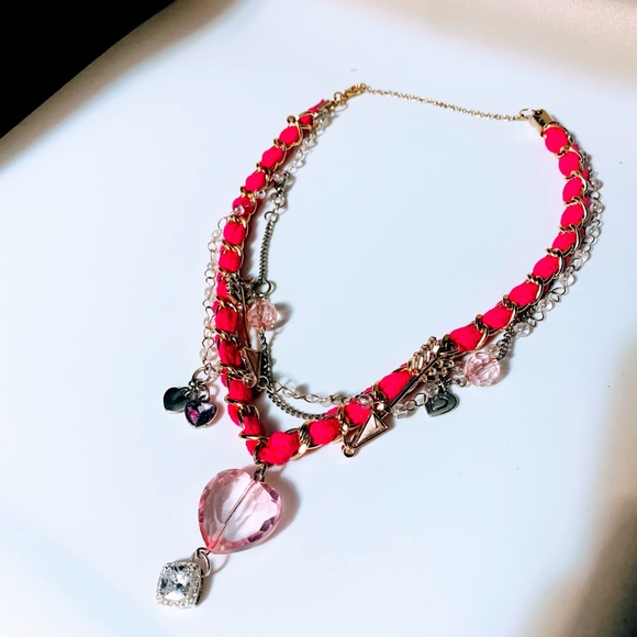 SOLD!!!Hot Pink Gold Blush Chain Statement Necklace - Picture 2 of 7